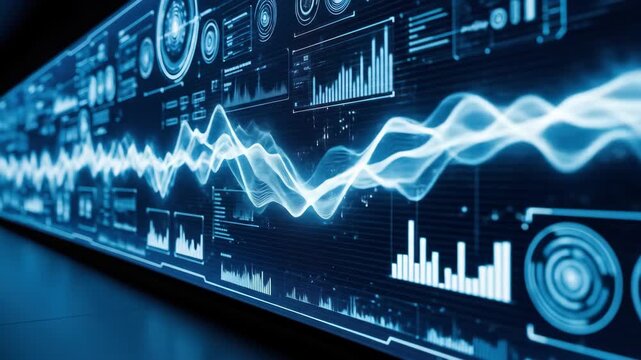 Abstract blue technology background with digital graphs, chart data, and wave patterns for futuristic data analysis and business analytics.