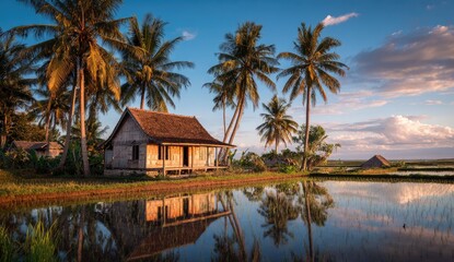 Obraz premium Rustic tropical home reflecting in tranquil rice paddy at sunset