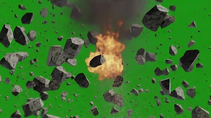 Explosive rock destruction against green screen dramatic fire and debris high impact visual effect