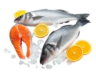 Fresh fish and lemon slices on ice