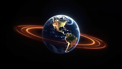 Earth with Fiery Rings Orbiting in Deep Space Dark Background