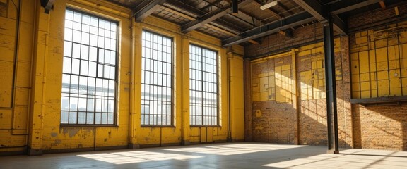 Sun Drenched Industry  Yellow Loft Walls and Expansive Factory Window with an Urban Vibe
