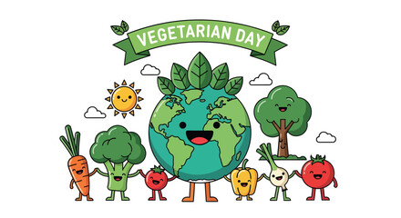 A vibrant illustration celebrating Vegetarian Day, featuring a smiling Earth surrounded by cheerful vegetables and plants under a sunny sky.