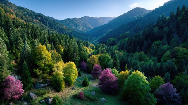 Aerial View of Autumn Forest with Vibrant Trees and Mountain Range Under Blue Sky