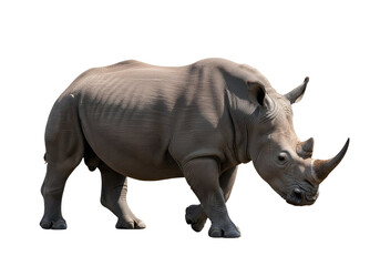 Fototapeta premium A full shot of a white rhinoceros against a black backdrop, showcasing its powerful physique and distinctive features.