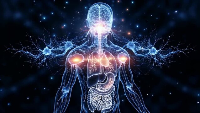 Futuristic XRay View of Human Anatomy and Nervous System featuring signal light body background detail for