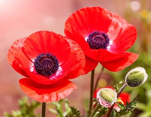 Two vibrant red poppies in bloom, soft focus background