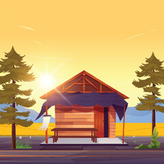 Illustration of a hut with a rural landscape, nature, trees, and sunlight