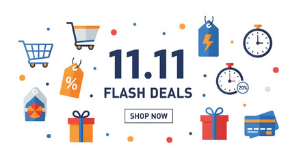 Celebrate 11.11 with vibrant flash deals, shop now and save big with these limited-time offers, featuring carts, gift boxes, timers, and discount tags