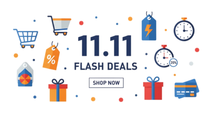 Celebrate 11.11 with vibrant flash deals, shop now and save big with these limited-time offers, featuring carts, gift boxes, timers, and discount tags