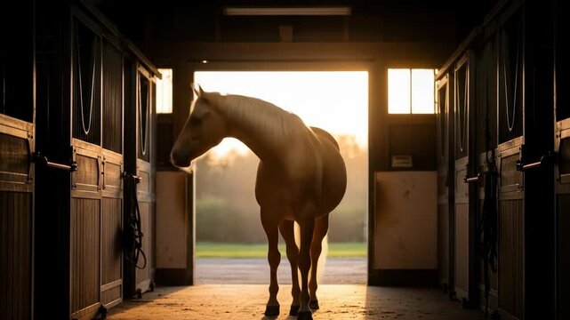 Majestic horse standing in stable doorway with golden light, animal equine beauty, mammal farm, sunset sunrise dawn, equestrian silhouette.