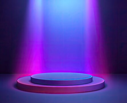 Empty circular podium, vibrant neon lights
