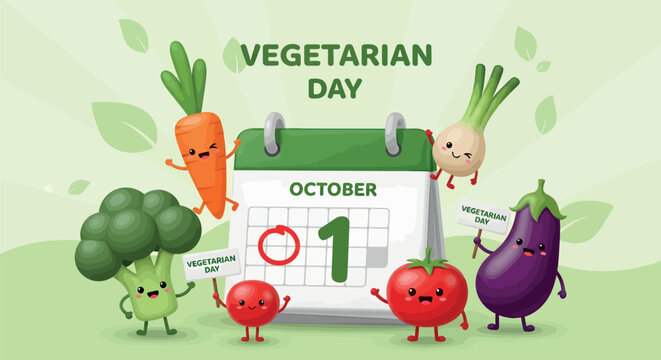 World Vegetarian Day illustration with vegetables and calendar on October 1st. - Powered by Adobe
