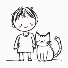 Doodle vector of boy hugging cat, cute pet care vibe for animal or family content