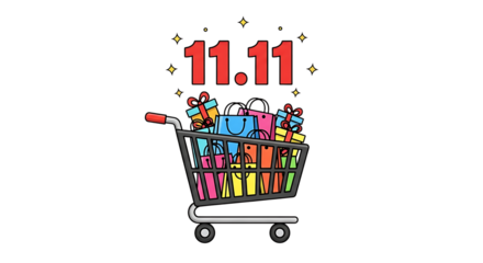 Exciting 11.11 Shopping Festival with a Cart Full of Gifts and Colorful Bags Ready for Big Savings and Special Offers on Singles Day Shopping Spree