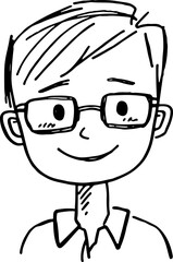 Doodle vector of boy with glasses smiling, neat shirt, cheerful student vibe for education and lifestyle blogs