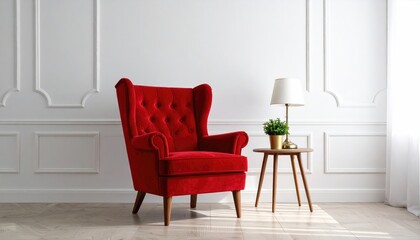 Elegant, ruby-red armchair with buttoned detail sits beside a lamp-lit table in a bright room with decorative white wall panels