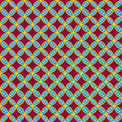 A seamless geometric pattern featuring overlapping petal-like shapes in vibrant blue, yellow, and red tones. Perfect for modern textile prints, wallpapers, packaging, wrapping paper, and digital back