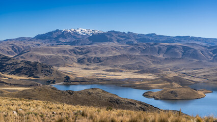A beautiful alpine lake. Yellowed grass on the banks. Mountains with a snow-capped peak against a clear blue sky. Peru. Lake Lagunillas. Andes