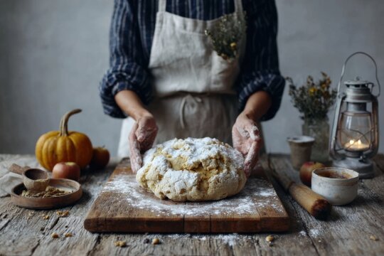 A person kneads dough on a wooden table dusted with flour. Surrounding elements include small pumpkins, herbs, and a lantern, creating a cozy atmosphere in a kitchen setting