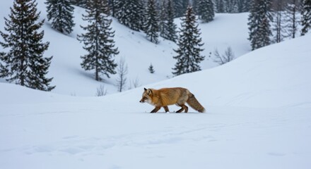 Red fox walking in snowy landscape