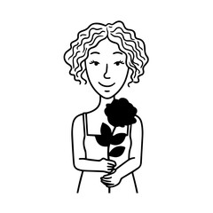 Black and white vector illustration of a beautiful woman holding a flower, minimal clean line art style