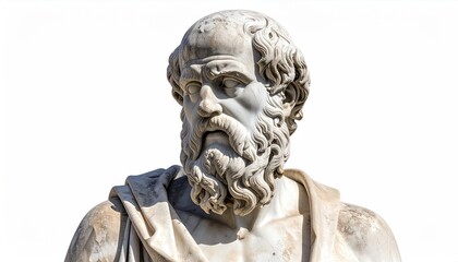 Fototapeta premium Classical white marble bust of a bearded man with expressive eyes, gazing forward against a bright, isolated white backdrop