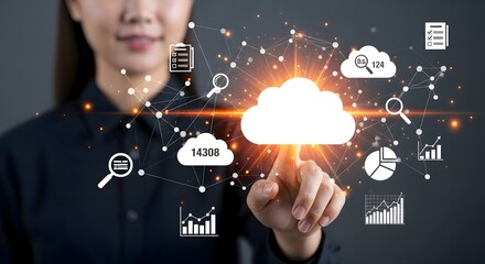 Understanding cloud computing woman pressing virtual interface cloud data analytics and storage