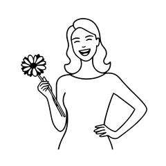 Black and white vector illustration of a beautiful woman holding a flower, minimal clean line art style