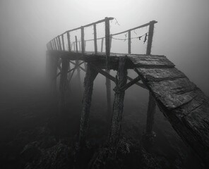 Fog-shrouded, weathered wooden pier
