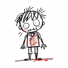 Zombie-like doodle vector boy, torn shirt with red stains, dark cartoon style for fantasy or horror blogs