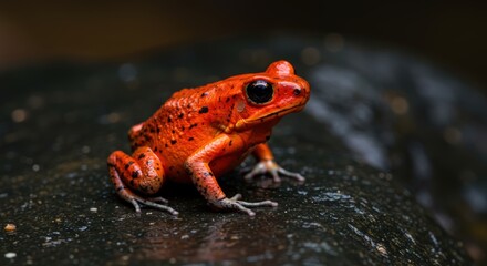Fototapeta premium Red poison dart frog on dark stone
