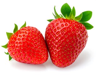 Two vibrant red strawberries with green leaves