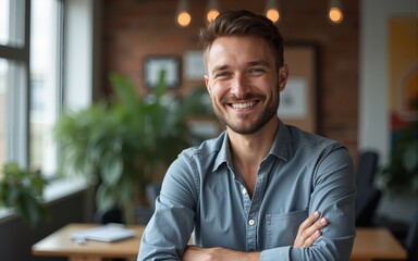Confident team leader looking at camera on creative office. High quality