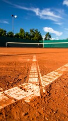 Close-up of clay tennis court lines.  Bright, sunny day.  Blurred background of court and sky