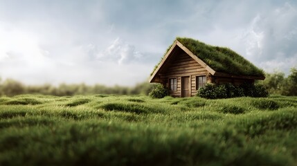 A rustic log cabin with a living green roof nestled in a serene grassy meadow under a soft cloudy sky
