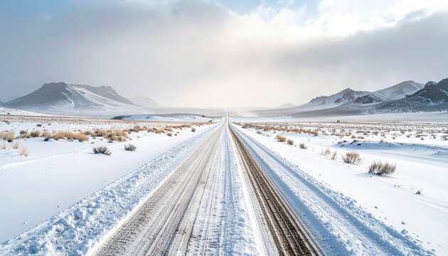 Snow-covered highway vanishing into distant mountains under a cloudy sky, with winter grasses dotting the landscape on either side