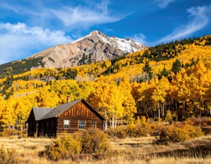 Rustic cabin nestled in a vibrant autumn mountain landscape