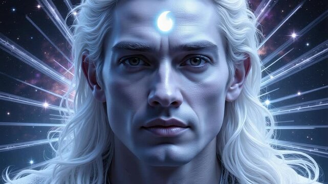 Celestial Lord Chandra: Hindu Deity Radiating Cosmic Power on Starburst Background, Divine Energy, Meditation, Spiritual Journey, Faith, 4K Video