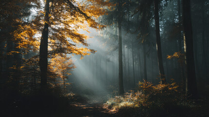 Obraz premium Mysterious sunlit forest path autumn woods nature photography tranquil environment low angle serenity and exploration