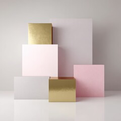 Stacked, geometric, pastel-toned boxes on a white background