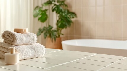 A serene bathroom countertop featuring neatly stacked towels, a soap dispenser, and a potted plant, with a bathtub in the background.