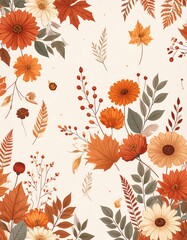 Autumnal floral pattern with various blossoms, leaves, and berries