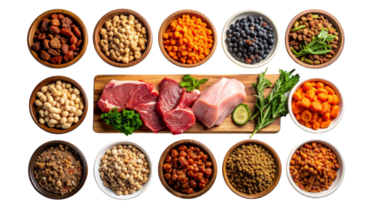 Well planned meal featuring variety of meats and legumes is perfect for dog diet. vibrant ingredients create nutritious png image
