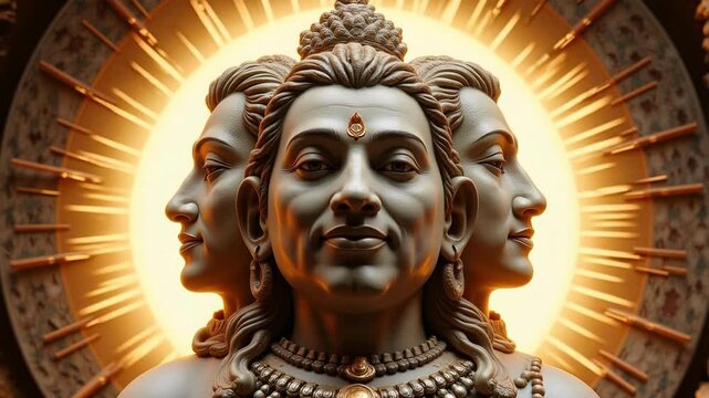 Divine Lord Dattatreya's serene face radiates peace in this 4K video, perfect for spiritual reflection and Hindu cultural projects. Three headed deity.