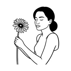 Black and white vector illustration of a beautiful woman holding a flower, minimal clean line art style
