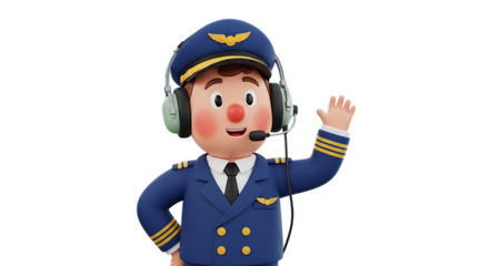 Friendly airline pilot welcomes passengers aboard, ready for takeoff with a cheerful wave and confident smile, offering safe travels and a pleasant journey