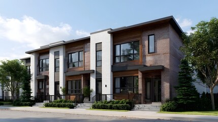 Fototapeta premium Modern row of townhouses with contemporary architecture under a clear blue sky