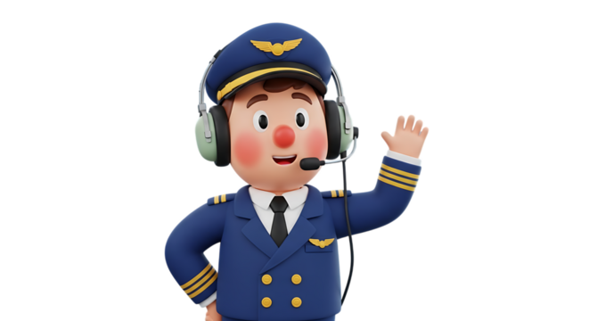 Friendly airline pilot welcomes passengers aboard, ready for takeoff with a cheerful wave and confident smile, offering safe travels and a pleasant journey - Powered by Adobe