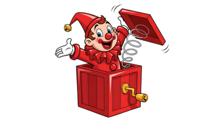 Whimsical jack-in-the-box clown popping up with a cheerful grin, perfect for adding a touch of playful surprise and nostalgic charm to your project or design
